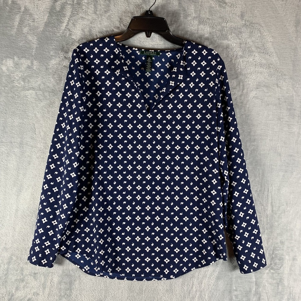 Lauren Ralph Lauren Women's‎ Top Tunic M Blue Geometric Pattern Long Sleeve Prep
